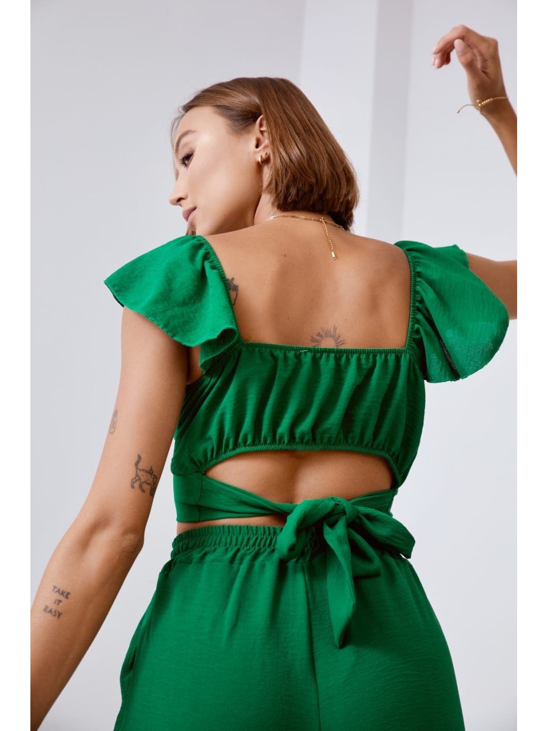 Dark green crop top set with wide pants 8108 - Online store - Boutique